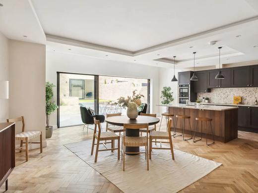 Open-plan kitchen and dining room after a full refurbishment